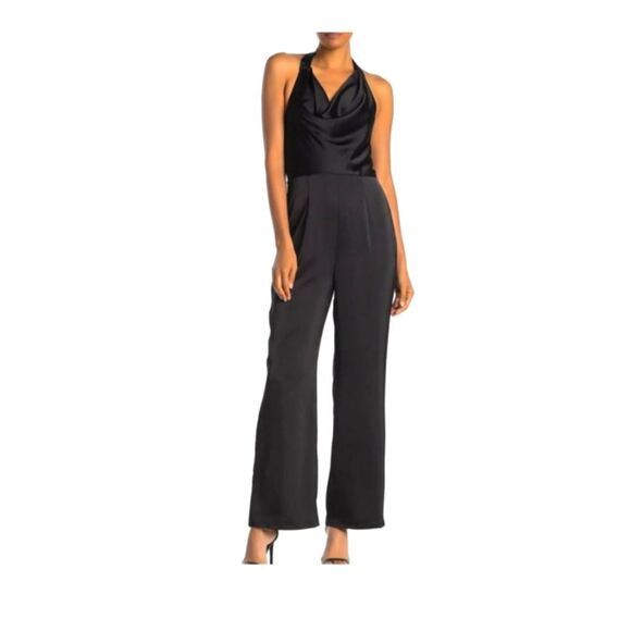 NEW 19 Cooper Black Satin Jumpsuit Halter Neck Cowl Night Out Club Large - Picture 1 of 11